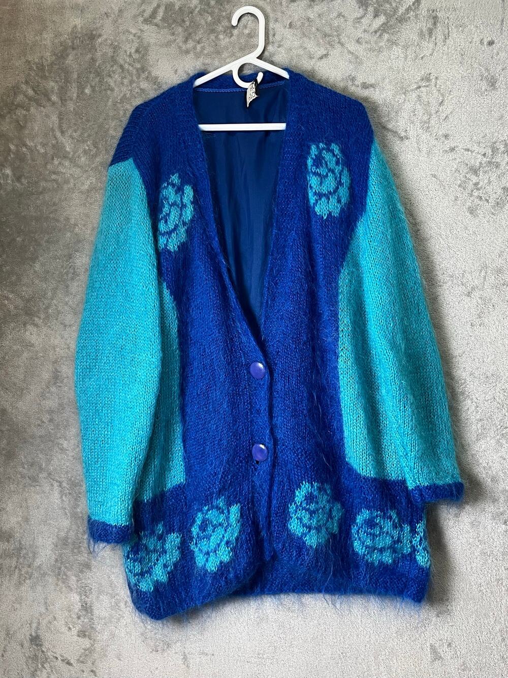 Vintage Mohair Cardigan Sweater Blue Turquoise Oversized Slouchy Grandma Knit M